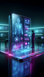 Футуристическая сцена, на которой человек использует прозрачный смартфон, а над экраном парят голографические проекции приложений и данных. Изображение создано с помощью искусственного интеллекта - yuyu