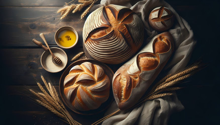 Эффектная композиция из ремесленного хлеба, включая хрустящий круглый хлеб на закваске, плетеную халу и багет, разложенные на темном деревянном столе с льняной скатертью. Изображение создано с помощью искусственного интеллекта - yuyu