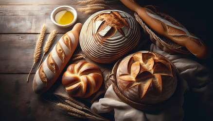 Эффектная композиция из ремесленного хлеба, включая хрустящий круглый хлеб на закваске, плетеную халу и багет, разложенные на темном деревянном столе с льняной скатертью. Изображение создано с помощью искусственного интеллекта - yuyu