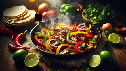 Крупный план шипящей сковороды с фахитас, на которой лежат полоски курицы, болгарский перец, лук и теплые лепешки, а также эффектно поднимающийся пар. Изображение, созданное с помощью искусственного интеллекта - yuyu