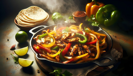 Крупный план шипящей сковороды с фахитас, на которой лежат полоски курицы, болгарский перец, лук и теплые лепешки, а также эффектно поднимающийся пар. Изображение, созданное с помощью искусственного интеллекта - yuyu
