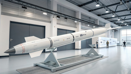 Белая ракета PL представлена в современном выставочном зале. Генеративный искусственный интеллект - RomanZ