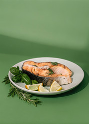 Вкусный запеченный стейк из лосося, подается со свежей зеленью и лимоном. Генеративный искусственный интеллект - RomanZ