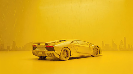 Потрясающий Lamborghini ярко-желтого цвета под городским солнцем. Генеративный ИИ - RomanZ