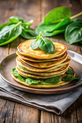Вкусные блинчики, подаваемые со свежими листьями шпината на тарелке. Генеративный искусственный интеллект - RomanZ