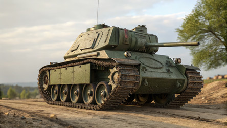 Военный танк Ztz зеленого цвета на грунтовой дороге на закате. Генеративный ИИ - RomanZ