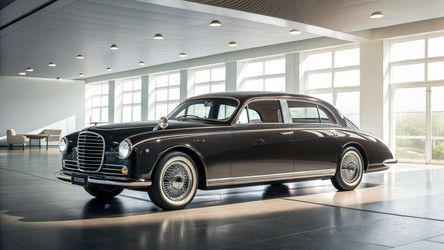 Элегантный выставочный зал, демонстрирующий винтажную модель Nash Ambassador с использованием генеративного искусственного интеллекта - RomanZ