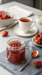Вкусное клубничное варенье в стеклянной банке со свежей клубникой. Генеративный ИИ - RomanZ