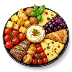 Изысканный пир с сыром, фруктами, овощами и выпечкой. Генеративный искусственный интеллект - RomanZ