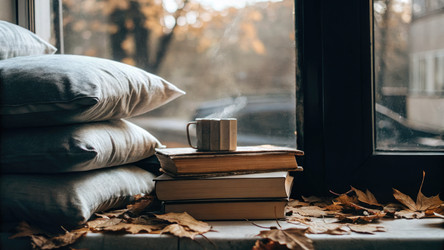 Уютная обстановка с винтажными книгами и дымящейся кружкой у окна. Генеративный ИИ - RomanZ