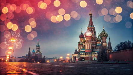 Красочные праздничные гирлянды с эффектом боке вокруг собора Василия Блаженного. Генеративный ИИ - RomanZ