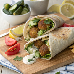 Вкусный фалафель в лаваше, разрезанный пополам, со свежими овощами и соусом (генеративный ИИ) - RomanZ