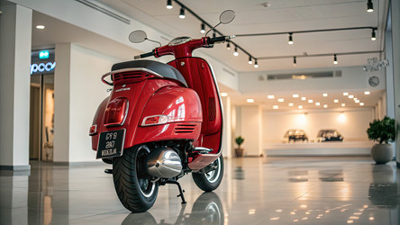Скутер Vespa в современном выставочном зале. Вид сзади. Генеративный искусственный интеллект - RomanZ