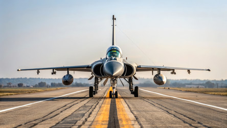 Самолет Jf Thunder на взлетно-посадочной полосе, готовый к взлету во время генеративного искусственного интеллекта, работающего в условиях восхода солнца - RomanZ