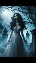 Завораживающая сцена: красивая женщина с бледным лицом и длинными черными волосами, одетая в белое платье, идет по туманному, залитому лунным светом кладбищу. Изображение создано искусственным интеллектом - yuyu
