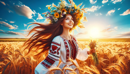 Яркая сцена, на которой молодая женщина в традиционном украинском расшитом платье, держащая венок из полевых цветов, танцует на золотистом пшеничном поле под ярко-голубым небом. Изображение, созданное искусственным интеллектом - yuyu