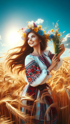 Яркая сцена, на которой молодая женщина в традиционном украинском расшитом платье, держащая венок из полевых цветов, танцует на золотистом пшеничном поле под ярко-голубым небом. Изображение, созданное искусственным интеллектом - yuyu