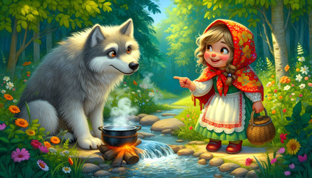Яркая и игривая сцена, на которой смелая и умная девочка в домотканом платье и ярко-красном шарфе обманывает волка у ручья, а рядом стоит горшок с кипящей водой. Изображение создано искусственным интеллектом - yuyu