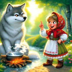 Яркая и игривая сцена, на которой смелая и умная девочка в домотканом платье и ярко-красном шарфе обманывает волка у ручья, а рядом стоит горшок с кипящей водой. Изображение создано искусственным интеллектом - yuyu