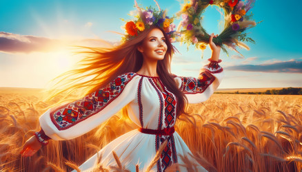 Яркая сцена, на которой молодая женщина в традиционном украинском расшитом платье, держащая венок из полевых цветов, танцует на золотистом пшеничном поле под ярко-голубым небом. Изображение, созданное искусственным интеллектом - yuyu