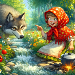 Яркая и игривая сцена, на которой смелая и умная девочка в домотканом платье и ярко-красном шарфе обманывает волка у ручья, а рядом стоит горшок с кипящей водой. Изображение создано искусственным интеллектом - yuyu