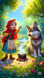 Яркая и игривая сцена, на которой смелая и умная девочка в домотканом платье и ярко-красном шарфе обманывает волка у ручья, а рядом стоит горшок с кипящей водой. Изображение создано искусственным интеллектом - yuyu