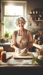 Пожилая женщина с мягкими серебристыми локонами и нежной улыбкой, в фартуке с цветочным принтом поверх простого платья, стоит на залитой солнцем деревенской кухне и замешивает тесто на деревянной столешнице. Изображение создано искусственным интеллектом - yuyu