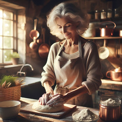 Пожилая женщина с мягкими серебристыми локонами и нежной улыбкой, в удобном фартуке, печет хлеб на залитой солнцем деревенской кухне фермерского дома. Изображение, созданное искусственным интеллектом - yuyu