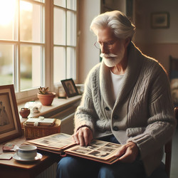 Достойный пожилой мужчина с седыми волосами, в теплом кардигане и тапочках, сидит у окна в уютной, ухоженной комнате дома престарелых и рассматривает старый фотоальбом. Изображение создано искусственным интеллектом - yuyu