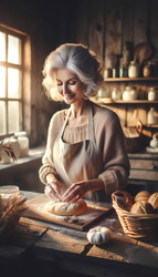 Пожилая женщина с мягкими серебристыми локонами и нежной улыбкой, в удобном фартуке, печет хлеб на залитой солнцем деревенской кухне фермерского дома. Изображение, созданное искусственным интеллектом - yuyu