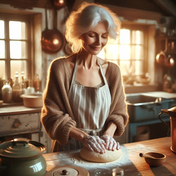 Пожилая женщина с мягкими серебристыми локонами и нежной улыбкой, в удобном фартуке, печет хлеб на залитой солнцем деревенской кухне фермерского дома. Изображение, созданное искусственным интеллектом - yuyu