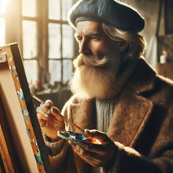 Изображение, созданное искусственным интеллектом: мудрый пожилой мужчина с седой бородой и выразительным лицом, в берете и тяжелом шерстяном пальто, рисует на холсте в залитой солнцем парижской студии - yuyu