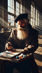 Изображение, созданное искусственным интеллектом: мудрый пожилой мужчина с седой бородой и выразительным лицом, в берете и тяжелом шерстяном пальто, рисует на холсте в залитой солнцем парижской студии - yuyu