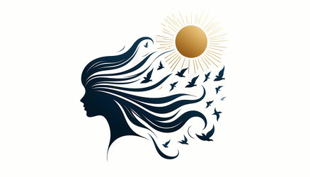 Минималистичная иллюстрация профиля женщины, волосы которой превращаются в стаю птиц, летящих к солнцу, символизирующему свободу и безграничный потенциал. Изображение создано с помощью искусственного интеллекта - yuyu