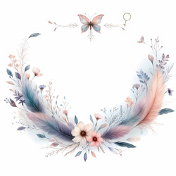 Причудливая рамка, составленная из полевых цветов, перьев и маленьких значков бабочек, с женским символом в центре верхней части рамки, изображение, сгенерированное искусственным интеллектом - yuyu