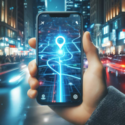Современный снимок крупным планом смартфона с отображаемой светящейся картой GPS-навигации, ярко-синей линией маршрута и меткой пункта назначения. Изображение создано с помощью искусственного интеллекта - yuyu