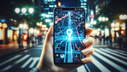 Современный снимок крупным планом смартфона с отображаемой светящейся картой GPS-навигации, ярко-синей линией маршрута и меткой пункта назначения. Изображение создано с помощью искусственного интеллекта - yuyu