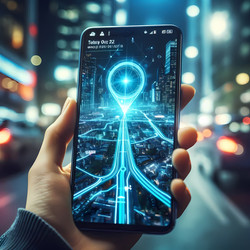 Современный снимок крупным планом смартфона с отображаемой светящейся картой GPS-навигации, ярко-синей линией маршрута и меткой пункта назначения. Изображение создано с помощью искусственного интеллекта - yuyu