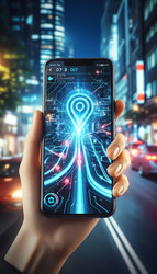 Современный снимок крупным планом смартфона с отображаемой светящейся картой GPS-навигации, ярко-синей линией маршрута и меткой пункта назначения. Изображение создано с помощью искусственного интеллекта - yuyu