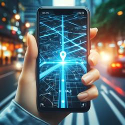 Современный снимок крупным планом смартфона с отображаемой светящейся картой GPS-навигации, ярко-синей линией маршрута и меткой пункта назначения. Изображение создано с помощью искусственного интеллекта - yuyu