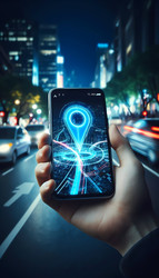 Современный снимок крупным планом смартфона с отображаемой светящейся картой GPS-навигации, ярко-синей линией маршрута и меткой пункта назначения. Изображение создано с помощью искусственного интеллекта - yuyu