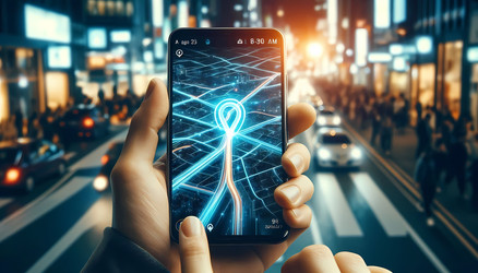 Современный снимок крупным планом смартфона с отображаемой светящейся картой GPS-навигации, ярко-синей линией маршрута и меткой пункта назначения. Изображение создано с помощью искусственного интеллекта - yuyu
