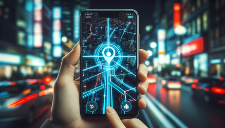 Современный снимок крупным планом смартфона с отображаемой светящейся картой GPS-навигации, ярко-синей линией маршрута и меткой пункта назначения. Изображение создано с помощью искусственного интеллекта - yuyu