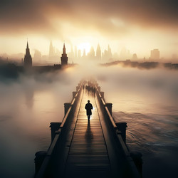 Эпическая, кинематографическая сцена: одинокая фигура стоит на мосту, с видом на туманную реку и далекий, окутанный туманом городской пейзаж на рассвете. Изображение, созданное с помощью искусственного интеллекта - yuyu