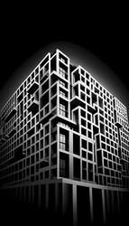 Строгий, высококонтрастный архитектурный снимок модернистского здания с выразительной геометрией повторяющихся окон, создающих мощный узор света и тени. Изображение, сгенерированное искусственным интеллектом - yuyu