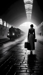 Трогательная сцена в стиле нуар: женщина в длинном струящемся платье стоит на туманной платформе вокзала, у ее ног чемодан, и она оглядывается назад. Изображение создано с помощью искусственного интеллекта - yuyu