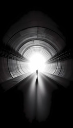 Сцена, созданная искусственным интеллектом, отличается резким, высококонтрастным изображением одинокой фигуры, идущей по туннелю, в конце которого виден яркий белый свет, создающий мощную центральную перспективу и сильное чувство надежды - yuyu