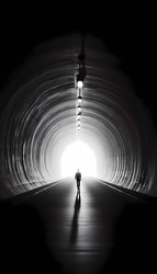 Сцена, созданная искусственным интеллектом, отличается резким, высококонтрастным изображением одинокой фигуры, идущей по туннелю, в конце которого виден яркий белый свет, создающий мощную центральную перспективу и сильное чувство надежды - yuyu