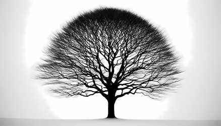 Яркое, высококонтрастное изображение одинокого безлистного дерева на фоне огромного, пустого, белого неба, с его замысловатыми ветвями, образующими сложную сеть тонких черных линий. Изображение, созданное с помощью искусственного интеллекта - yuyu
