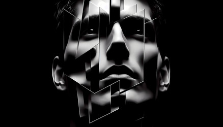 Четкий, высококонтрастный портрет лица, фрагментированный с помощью зеркал, создающих множественные отражения и сюрреалистический, кубистический эффект, изображение, созданное с помощью искусственного интеллекта - yuyu